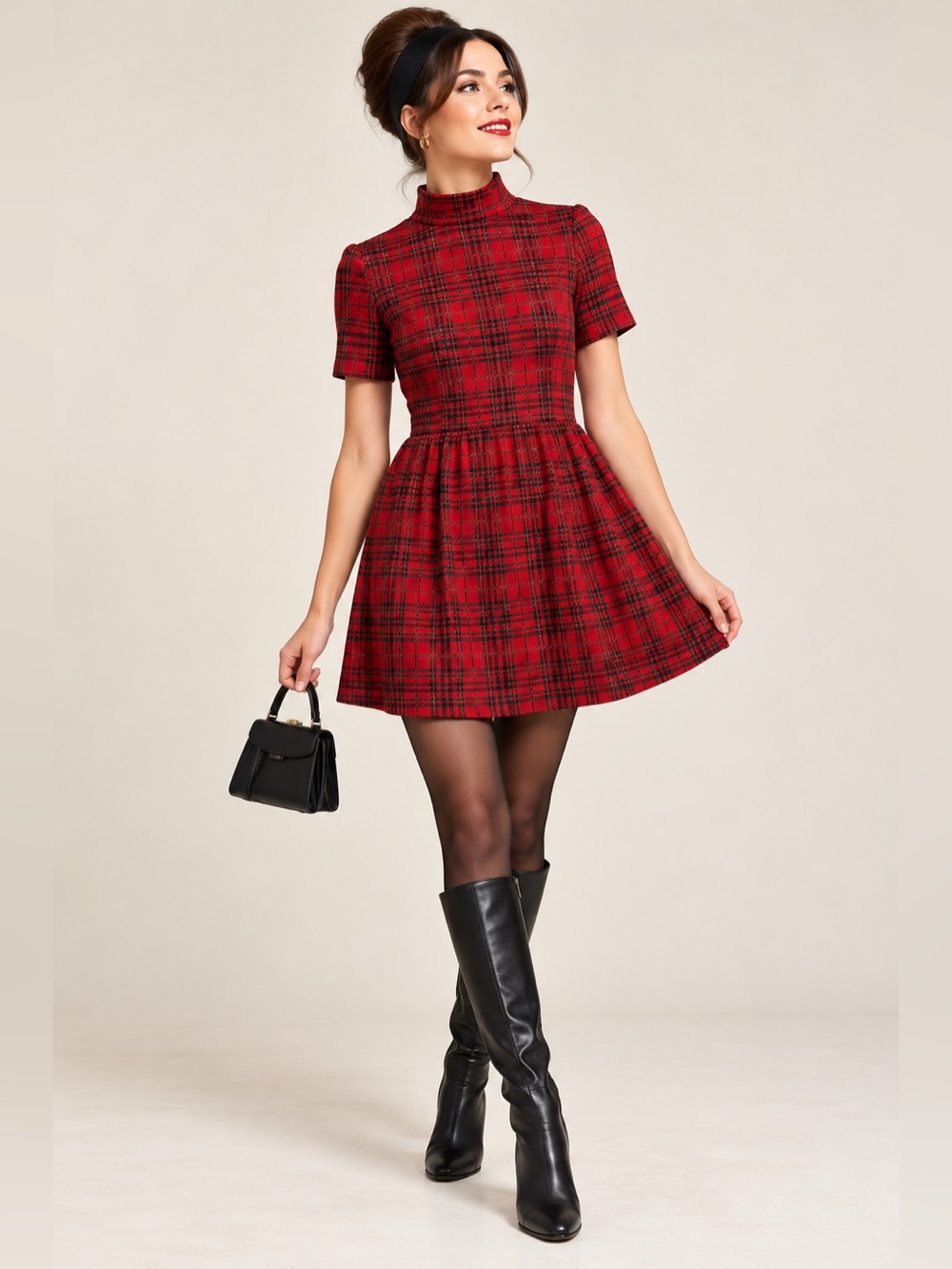 Vintage 60s inspired Mod Style
Red & Black Plaid fitted mini Dress –– Size M